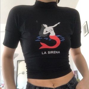 Backless Fitted Short Sleeves Top w/ Mermaid Print